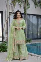 Women’s Floral Embroidered Silk Blend Kurta Palazzo Set with Dupatta