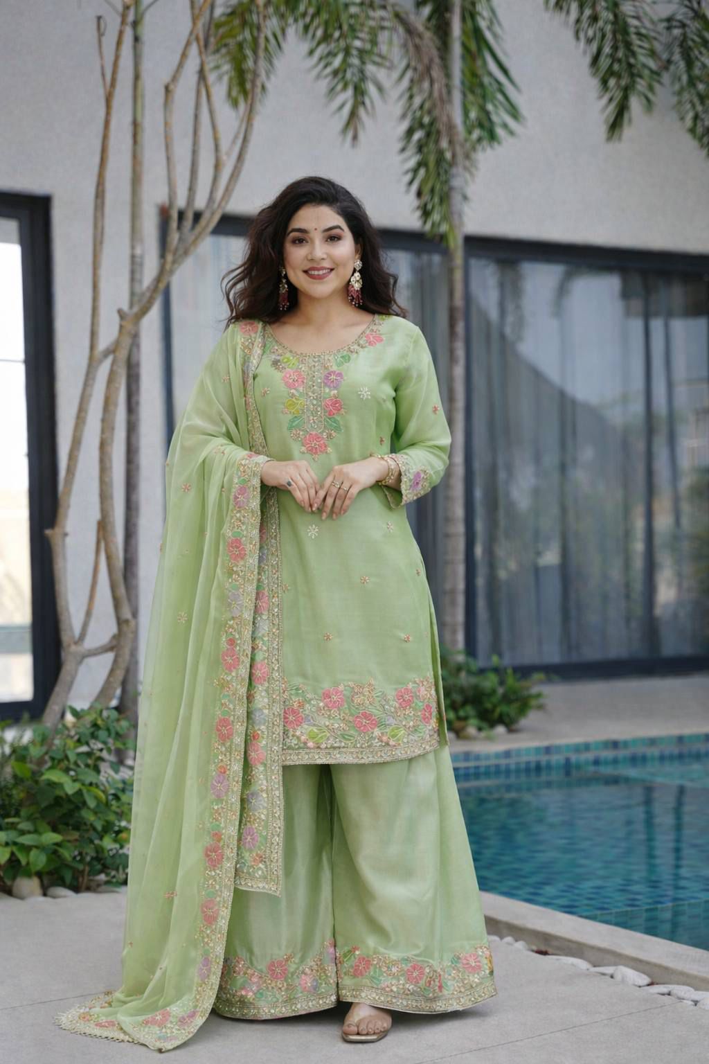 Women’s Floral Embroidered Silk Blend Kurta Palazzo Set with Dupatta