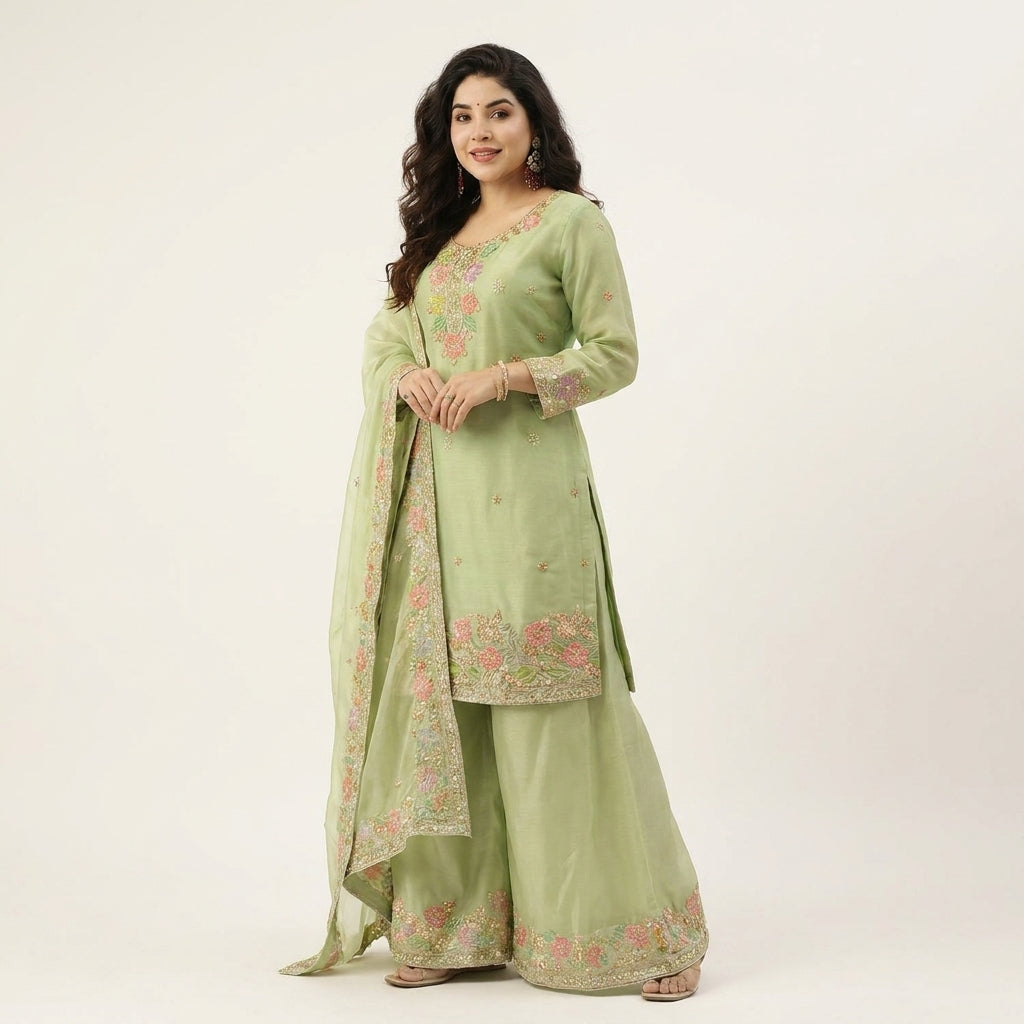Women’s Floral Embroidered Silk Blend Kurta Palazzo Set with Dupatta