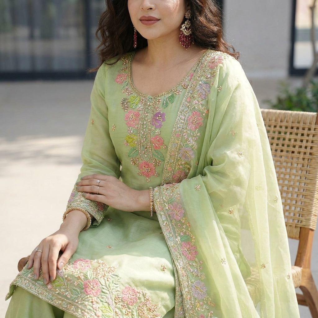 Women’s Floral Embroidered Silk Blend Kurta Palazzo Set with Dupatta