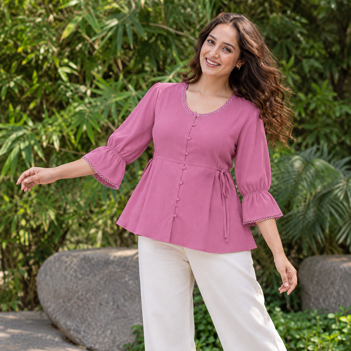 Blush Pink Lace-Trim Peplum Top