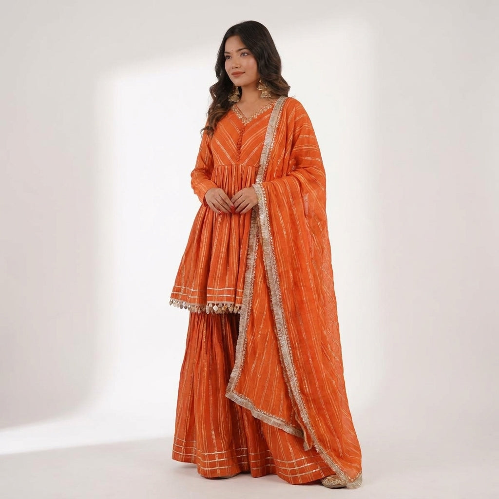 Striped Georgette Blend Gharara Suit Set For Women