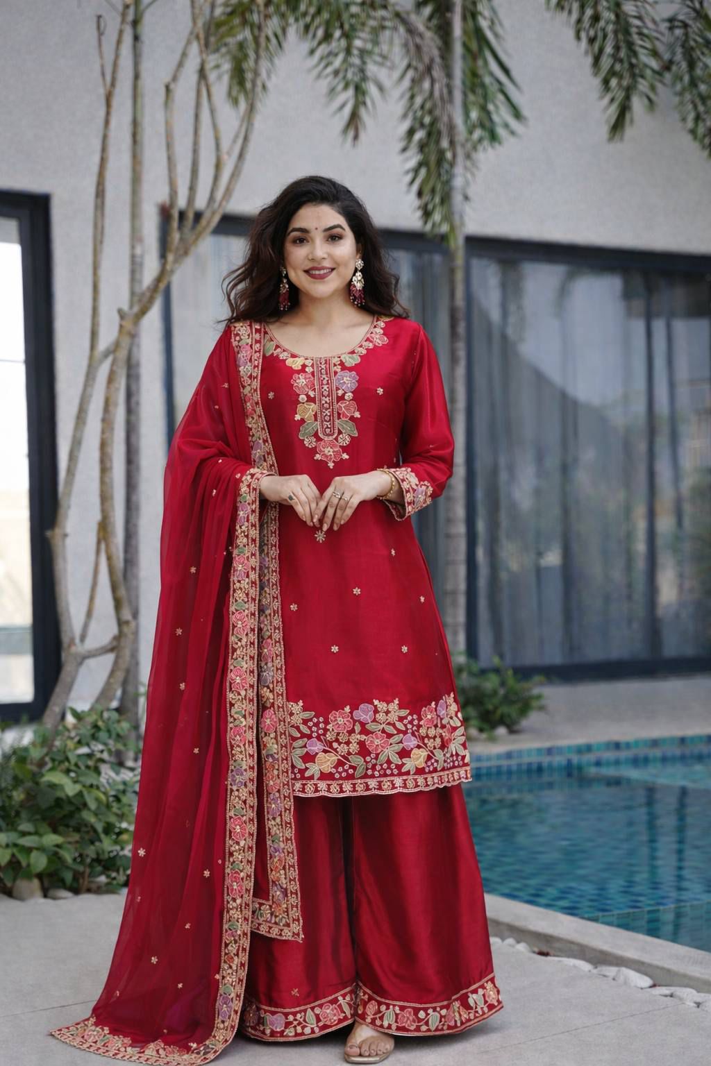 Women’s Floral Embroidered Silk Blend Kurta Palazzo Set with Dupatta