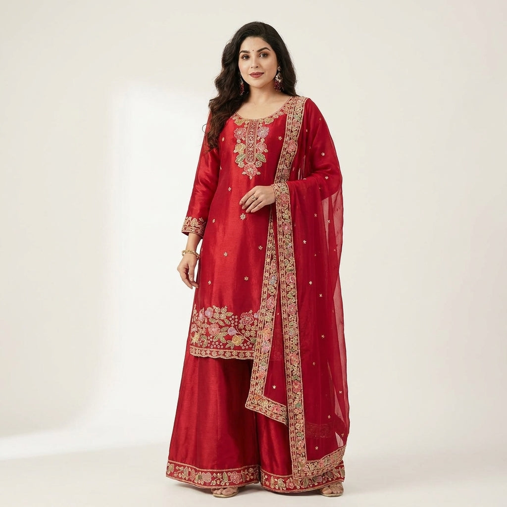 Women’s Floral Embroidered Silk Blend Kurta Palazzo Set with Dupatta