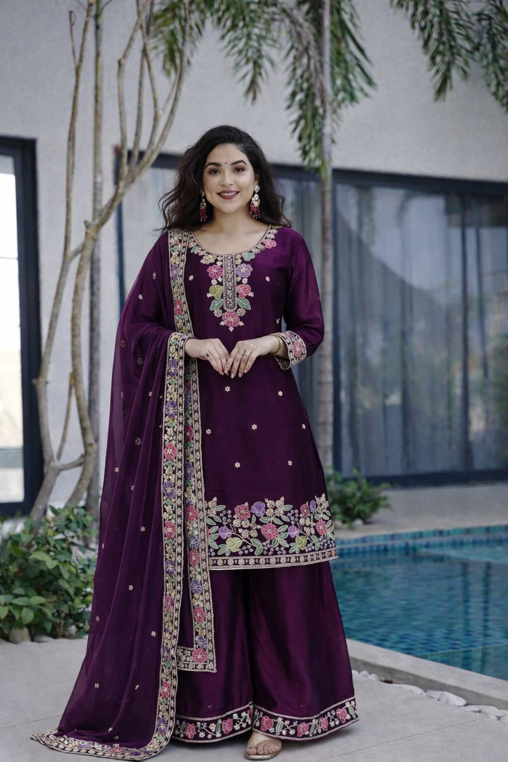 Women’s Floral Embroidered Silk Blend Kurta Palazzo Set with Dupatta
