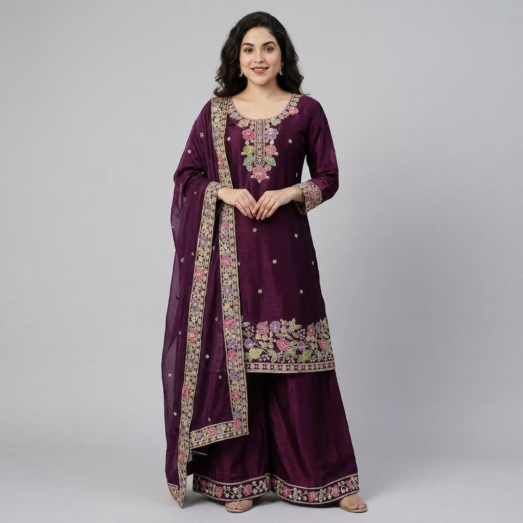 Women’s Floral Embroidered Silk Blend Kurta Palazzo Set with Dupatta