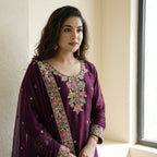 Women’s Floral Embroidered Silk Blend Kurta Palazzo Set with Dupatta
