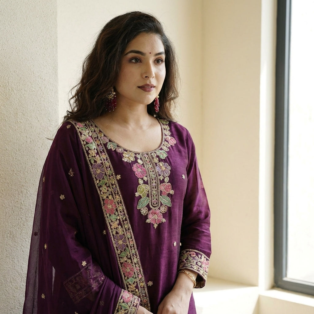 Women’s Floral Embroidered Silk Blend Kurta Palazzo Set with Dupatta