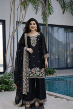 Women’s Floral Embroidered Silk Blend Kurta Palazzo Set with Dupatta