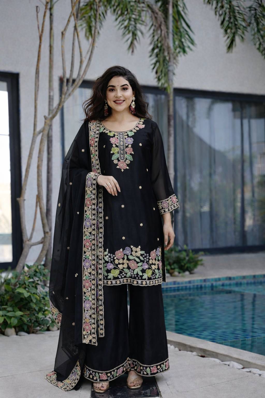 Women’s Floral Embroidered Silk Blend Kurta Palazzo Set with Dupatta