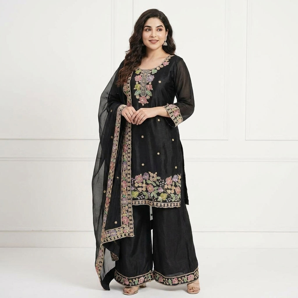 Women’s Floral Embroidered Silk Blend Kurta Palazzo Set with Dupatta