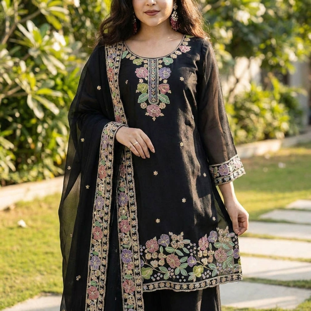 Women’s Floral Embroidered Silk Blend Kurta Palazzo Set with Dupatta