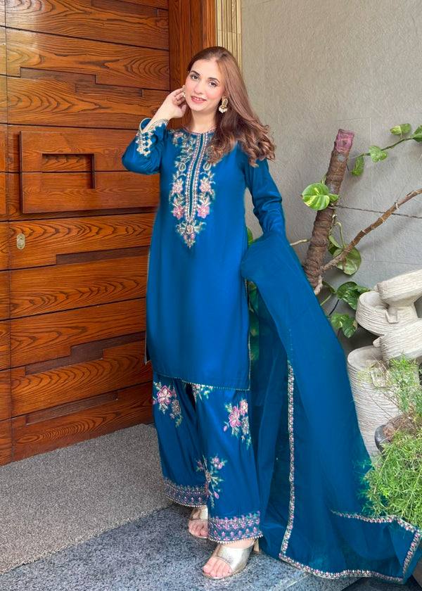 Royal Teal Embroidered Kurti Palazzo Set with Dupatta for Women