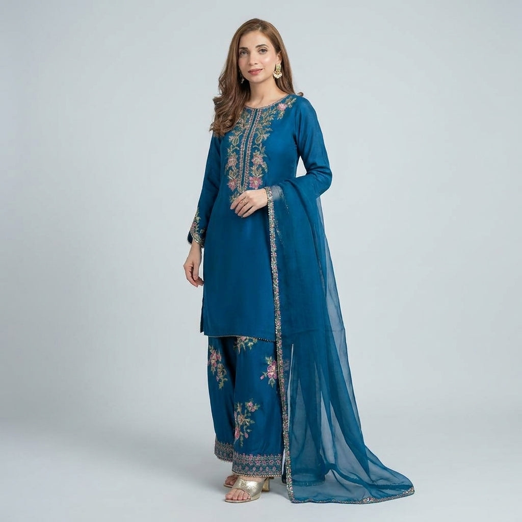 Royal Teal Embroidered Kurti Palazzo Set with Dupatta for Women