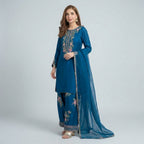 Royal Teal Embroidered Kurti Palazzo Set with Dupatta for Women