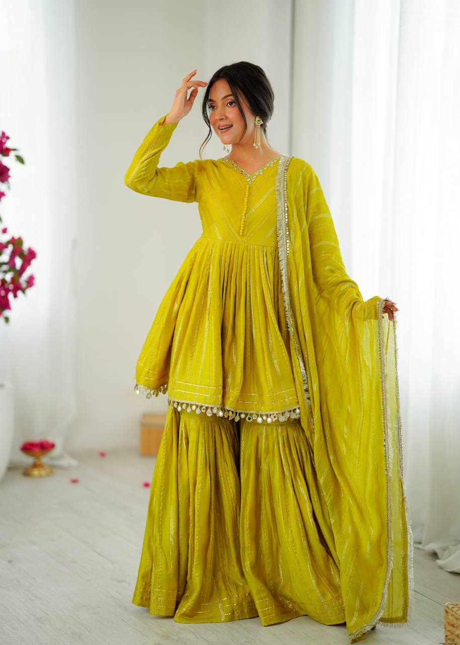 Striped Georgette Blend Gharara Suit Set For Women
