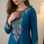 Royal Teal Embroidered Kurti Palazzo Set with Dupatta for Women