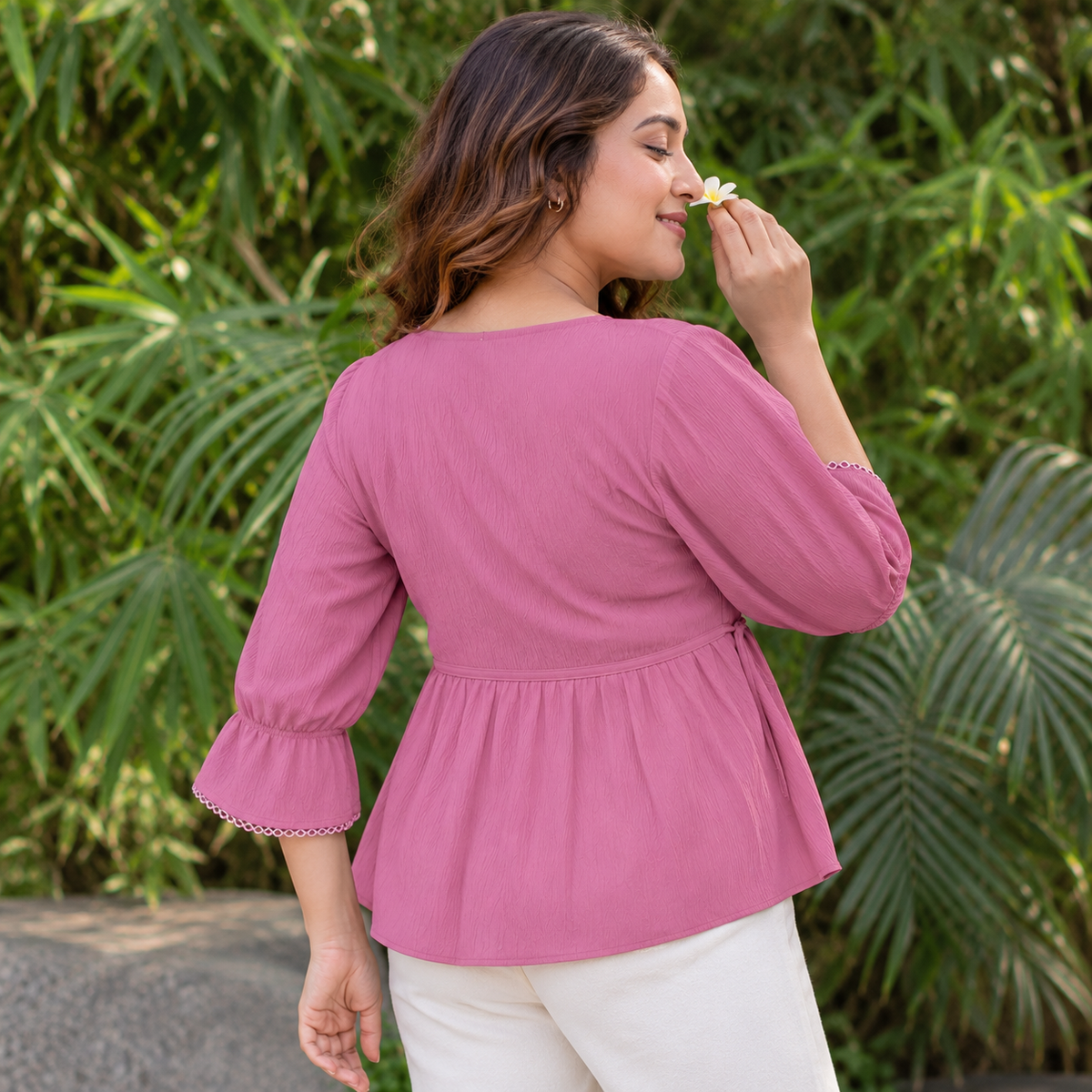 Blush Pink Lace-Trim Peplum Top