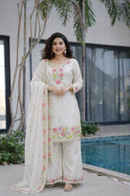 Women’s Floral Embroidered Silk Blend Kurta Palazzo Set with Dupatta