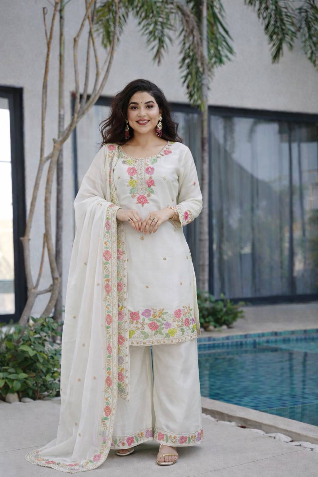 Women’s Floral Embroidered Silk Blend Kurta Palazzo Set with Dupatta