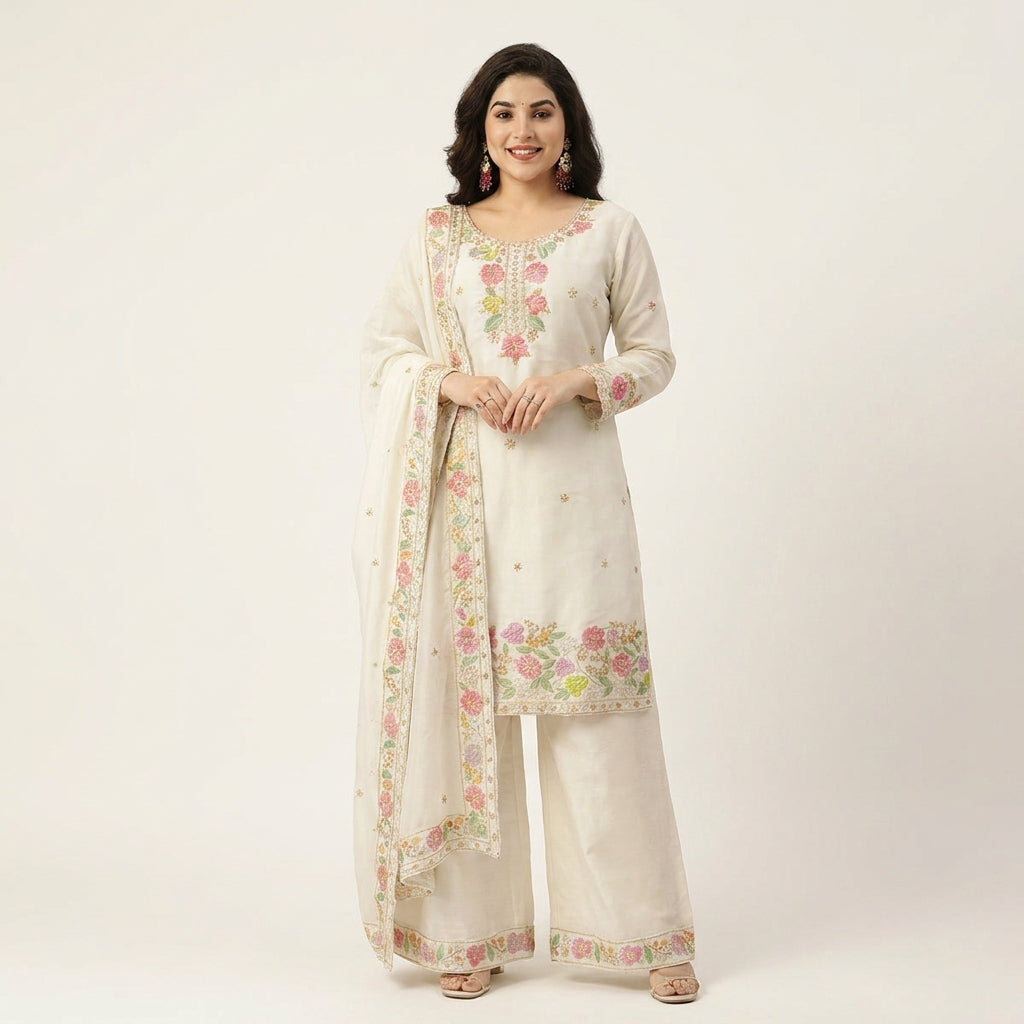 Women’s Floral Embroidered Silk Blend Kurta Palazzo Set with Dupatta