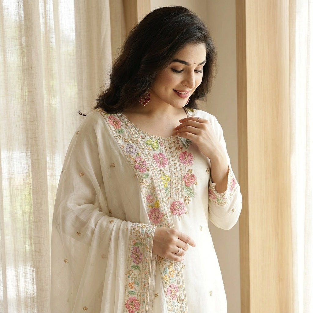 Women’s Floral Embroidered Silk Blend Kurta Palazzo Set with Dupatta
