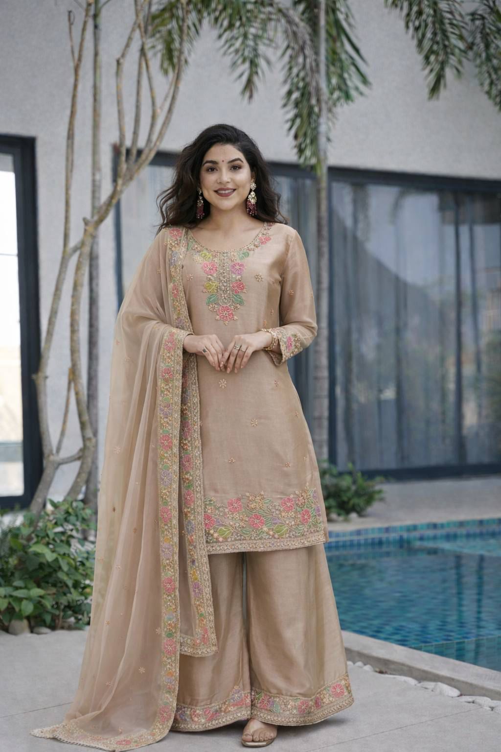 Women’s Floral Embroidered Silk Blend Kurta Palazzo Set with Dupatta