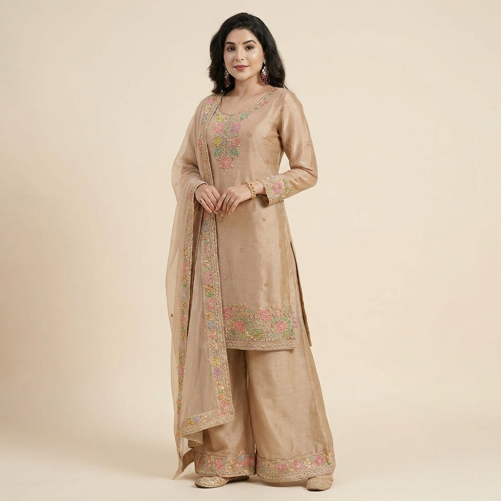 Women’s Floral Embroidered Silk Blend Kurta Palazzo Set with Dupatta