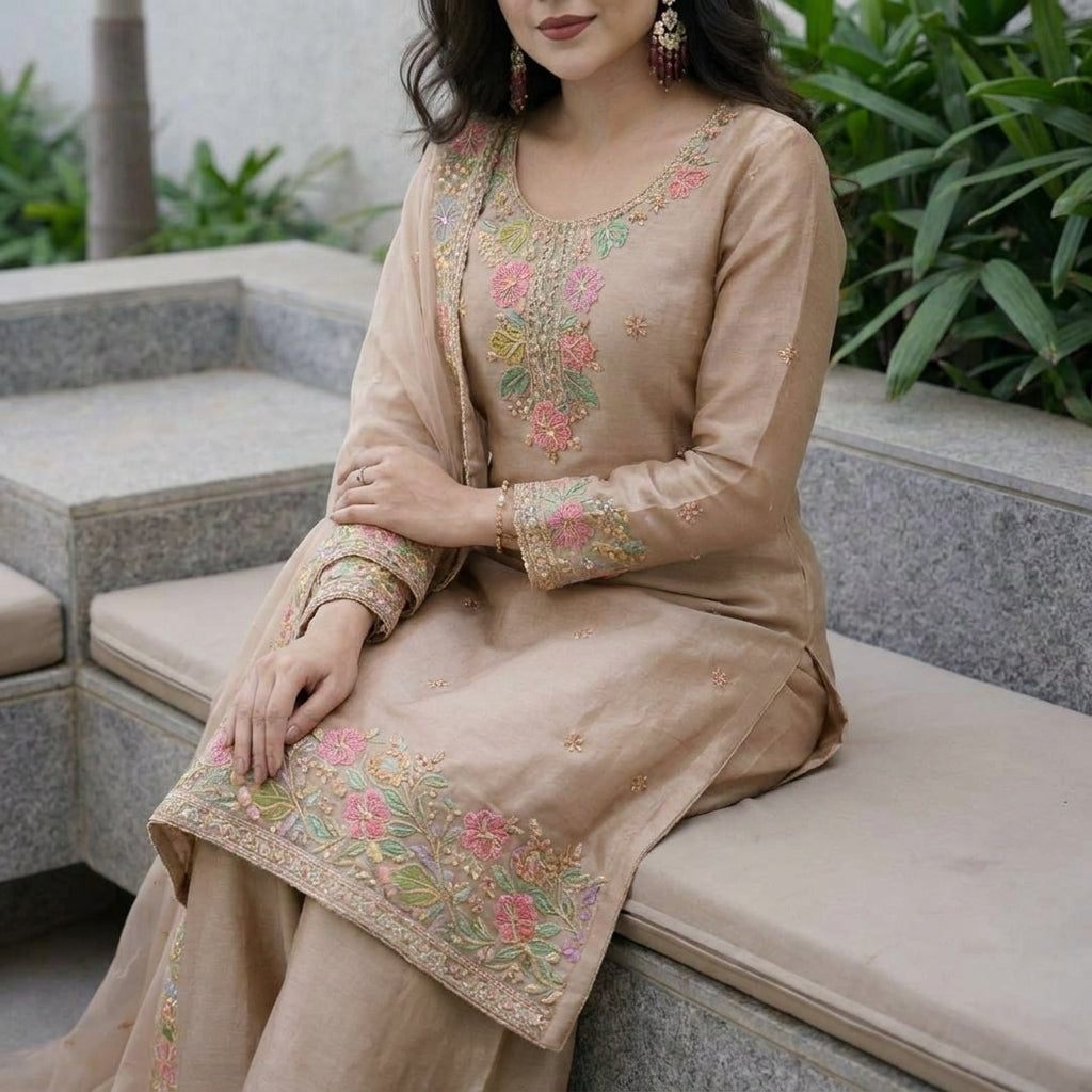 Women’s Floral Embroidered Silk Blend Kurta Palazzo Set with Dupatta