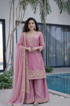 Women’s Floral Embroidered Silk Blend Kurta Palazzo Set with Dupatta