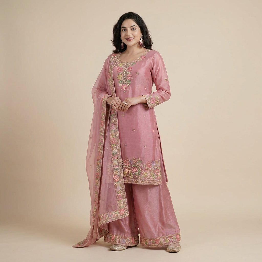 Women’s Floral Embroidered Silk Blend Kurta Palazzo Set with Dupatta