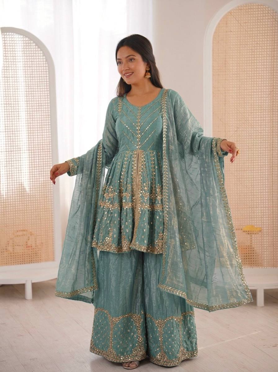 Elegant Embroidered Peplum Sharara Set with Dupatta for Women