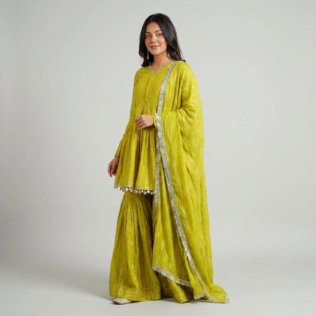 Striped Georgette Blend Gharara Suit Set For Women