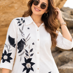 Women’s White Cotton Shirt with Black Floral Embroidery & Bids