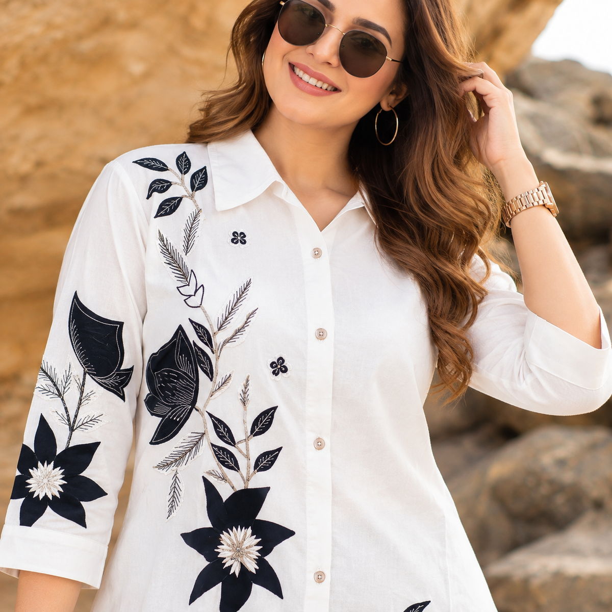 Women’s White Cotton Shirt with Black Floral Embroidery & Bids
