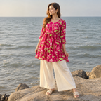 Women’s Pink Floral Cotton Top | Printed Flared Tunic