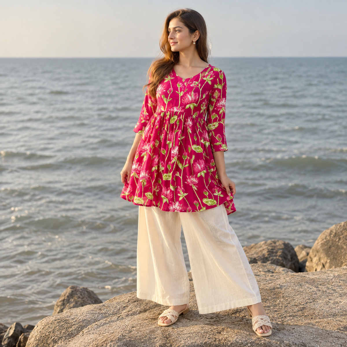 Women’s Pink Floral Cotton Top | Printed Flared Tunic