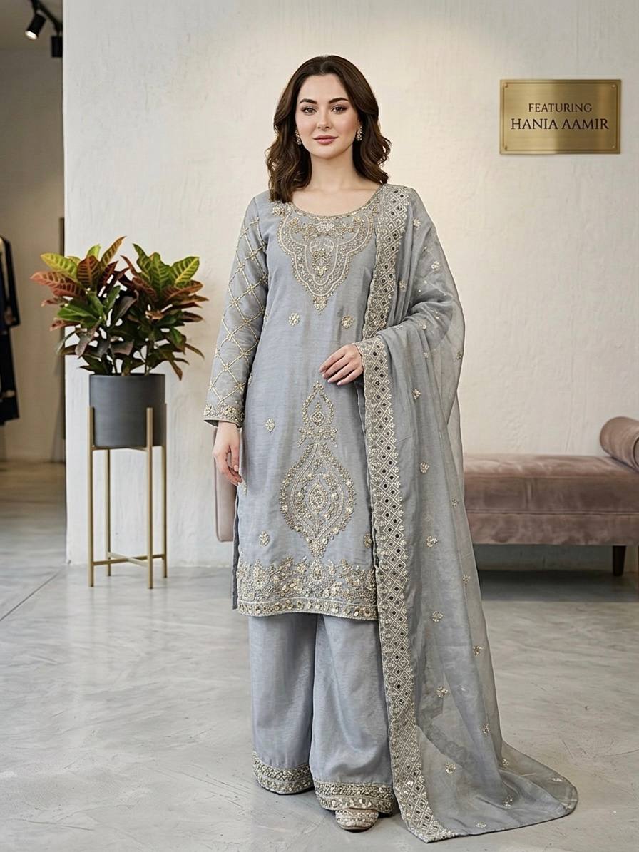 Luxury Embroidered Straight Kurta Palazzo Set with Dupatta for Women