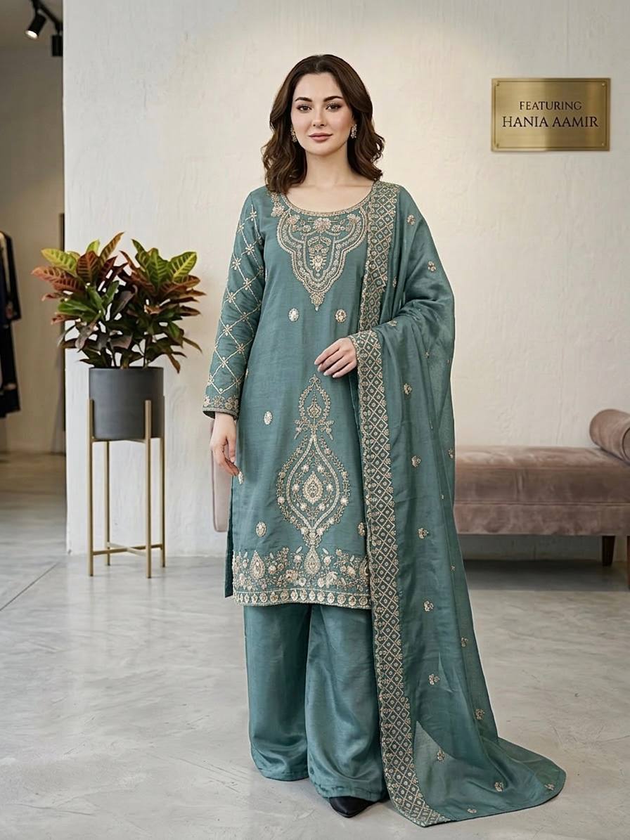 Luxury Embroidered Straight Kurta Palazzo Set with Dupatta for Women