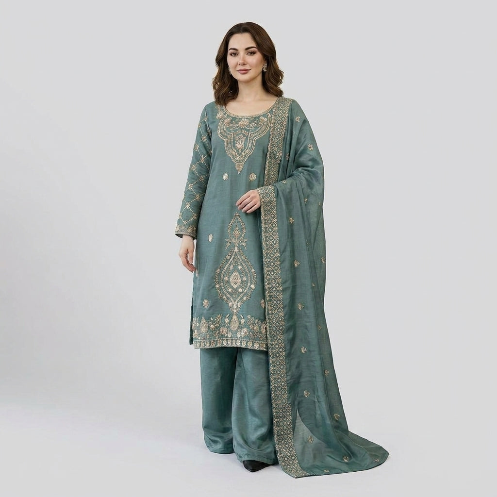 Luxury Embroidered Straight Kurta Palazzo Set with Dupatta for Women