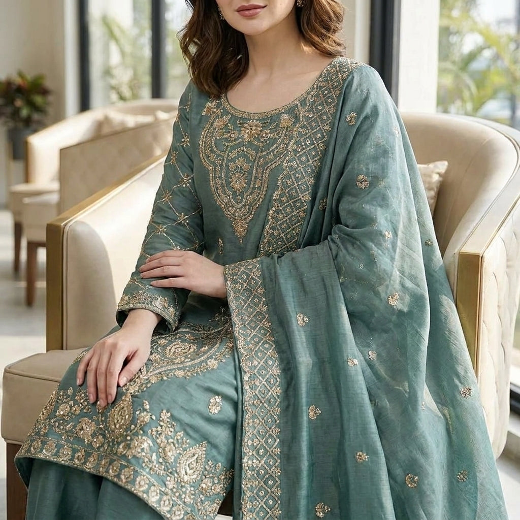 Luxury Embroidered Straight Kurta Palazzo Set with Dupatta for Women