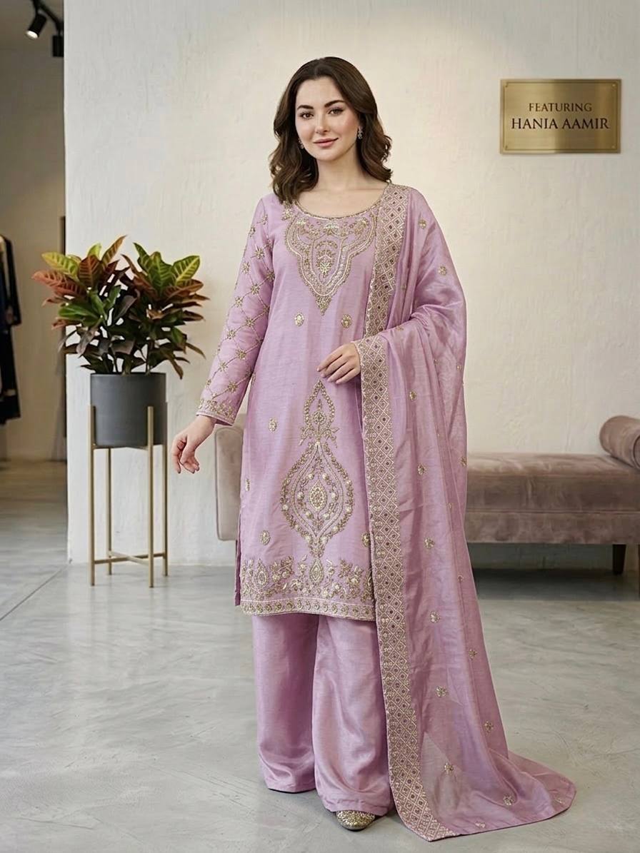 Luxury Embroidered Straight Kurta Palazzo Set with Dupatta for Women