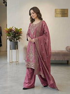 Luxury Embroidered Straight Kurta Palazzo Set with Dupatta for Women