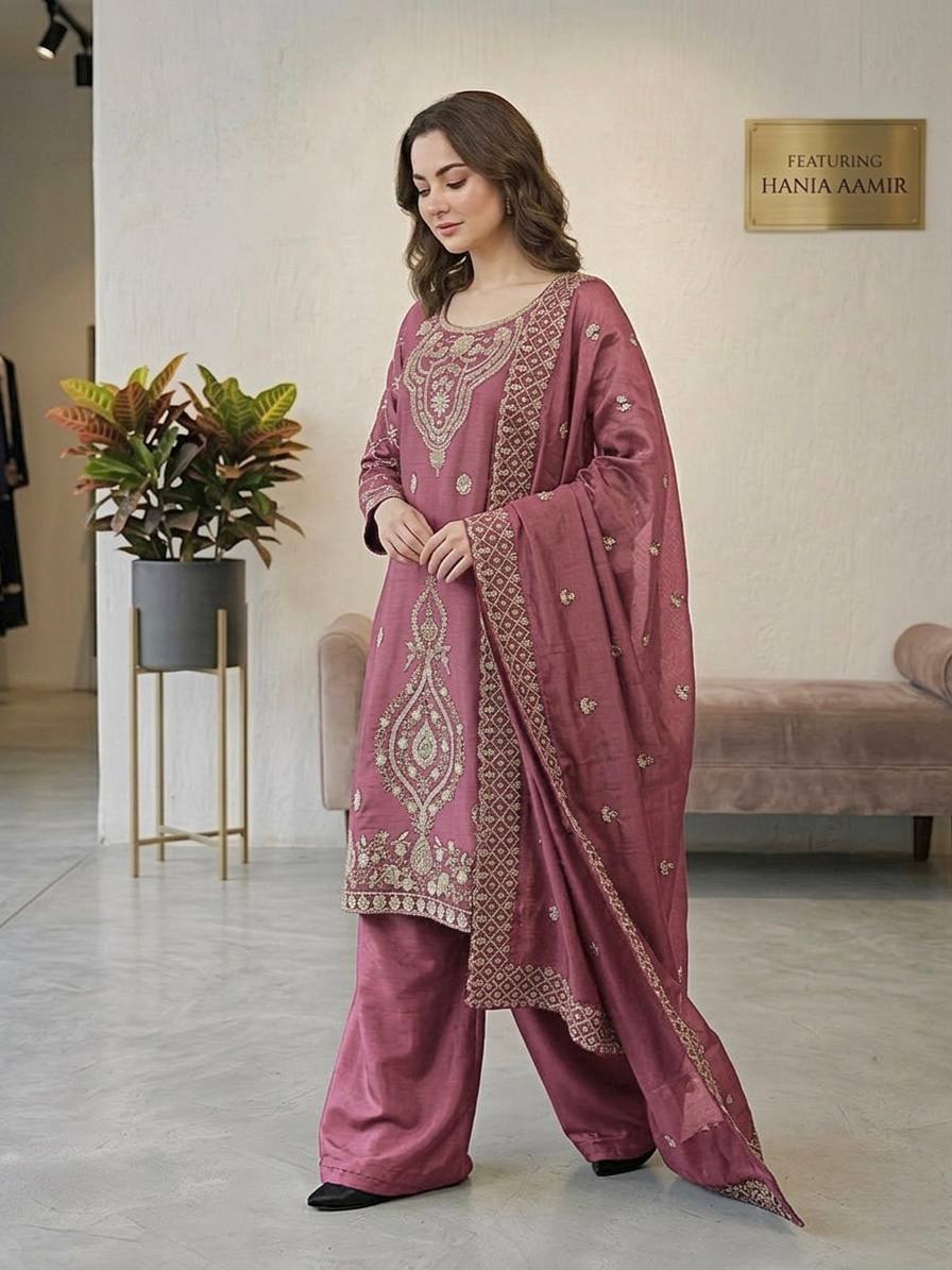 Luxury Embroidered Straight Kurta Palazzo Set with Dupatta for Women