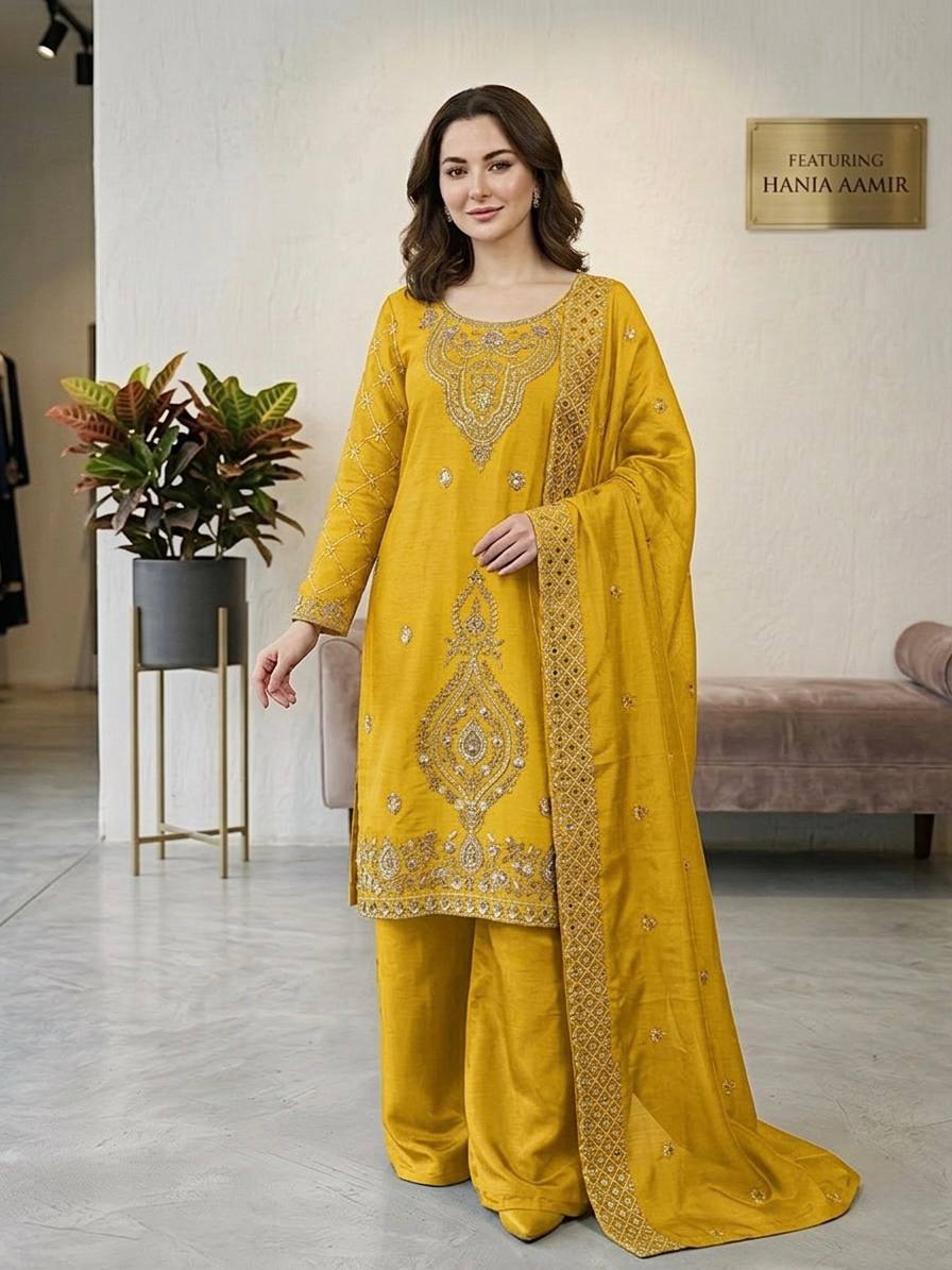 Luxury Embroidered Straight Kurta Palazzo Set with Dupatta for Women
