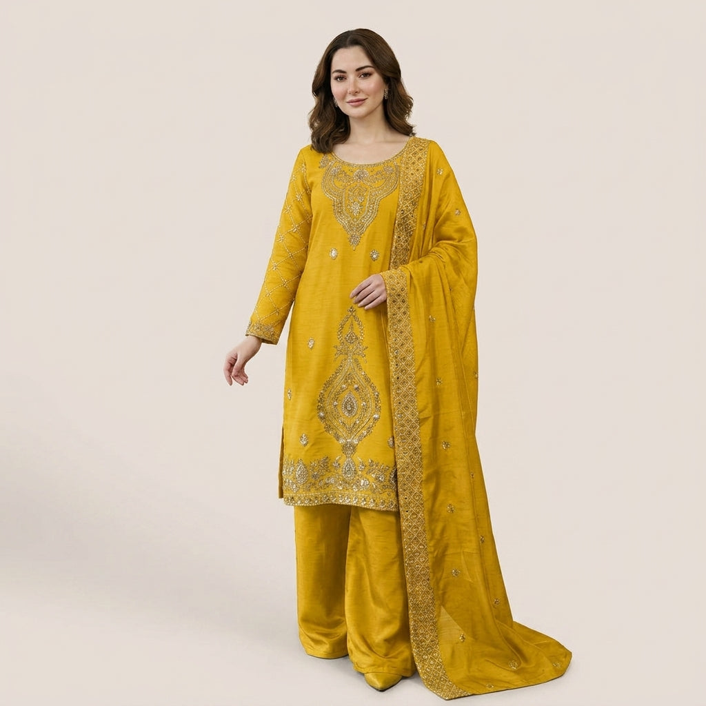 Luxury Embroidered Straight Kurta Palazzo Set with Dupatta for Women
