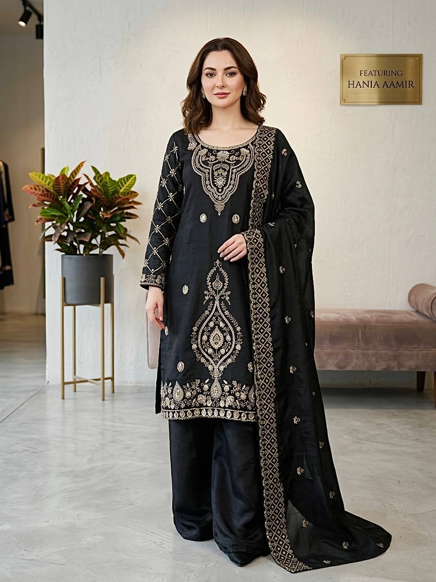 Luxury Embroidered Straight Kurta Palazzo Set with Dupatta for Women