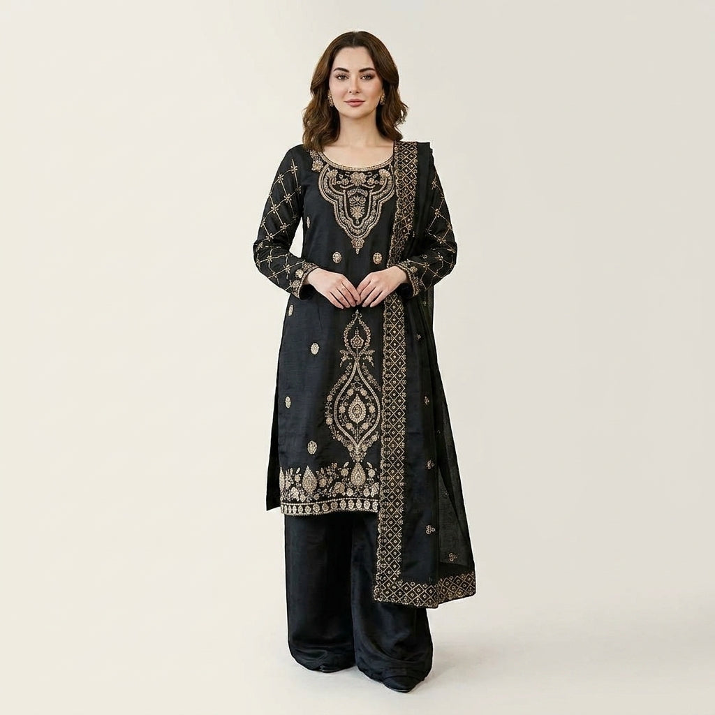 Luxury Embroidered Straight Kurta Palazzo Set with Dupatta for Women
