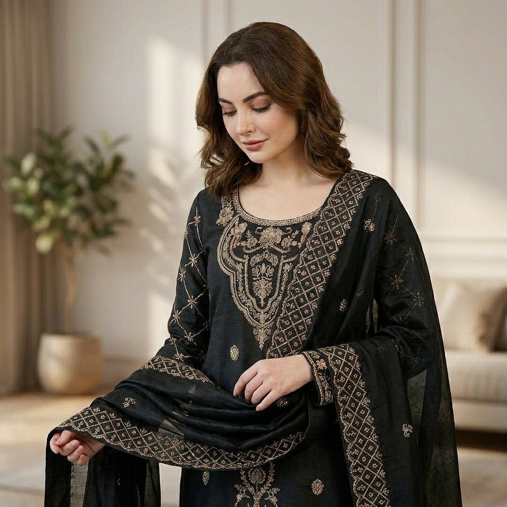 Luxury Embroidered Straight Kurta Palazzo Set with Dupatta for Women