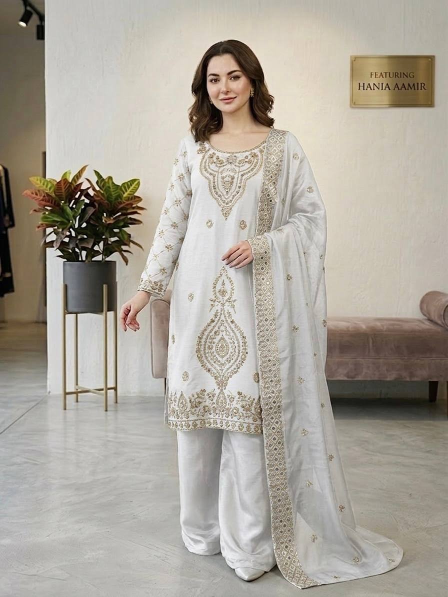 Luxury Embroidered Straight Kurta Palazzo Set with Dupatta for Women